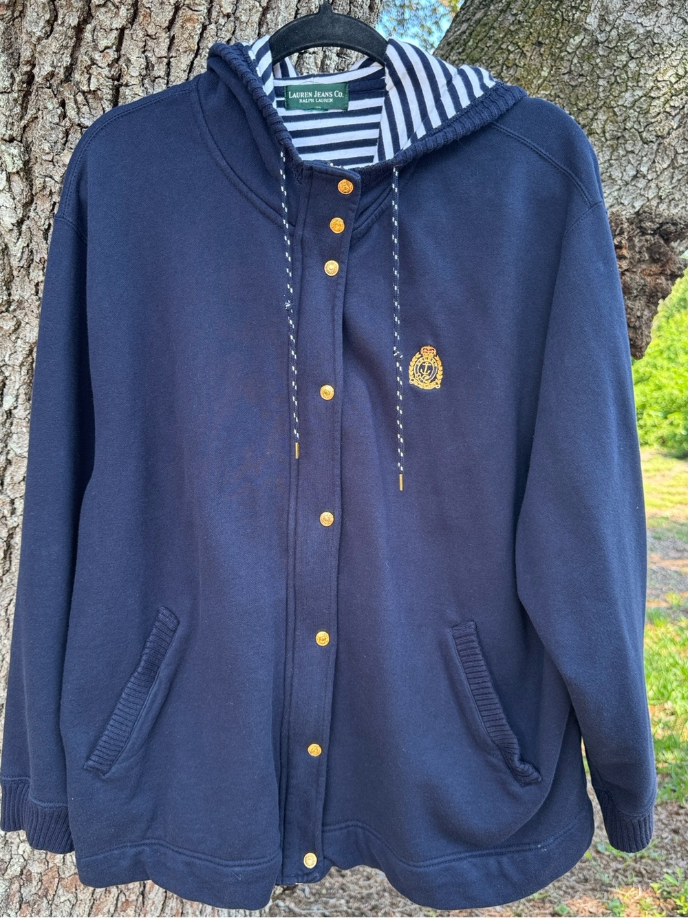 Vintage 90s Ralph Lauren Jeans Co. Navy Blue Hooded Jacket with Gold Buttons.XXL